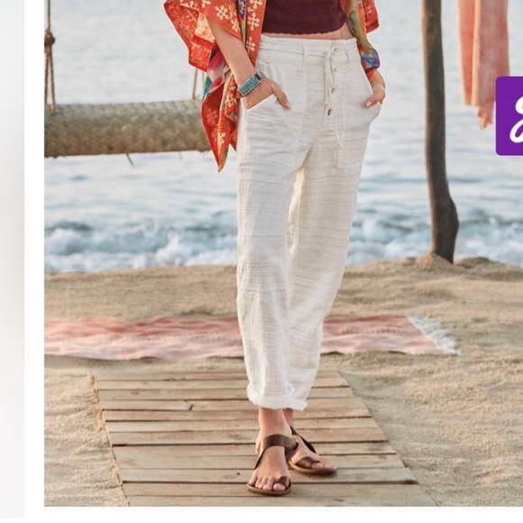 Sundance Coastline White Pants petite small 100%Cotton Stretch Waist Beachy Boho - Picture 10 of 10